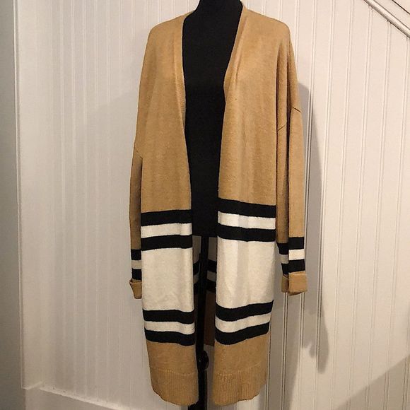 TOPSHOP Women’s Camel Ivory Black Stripes Open Cardigan Sweater Size 10 - Picture 1 of 15